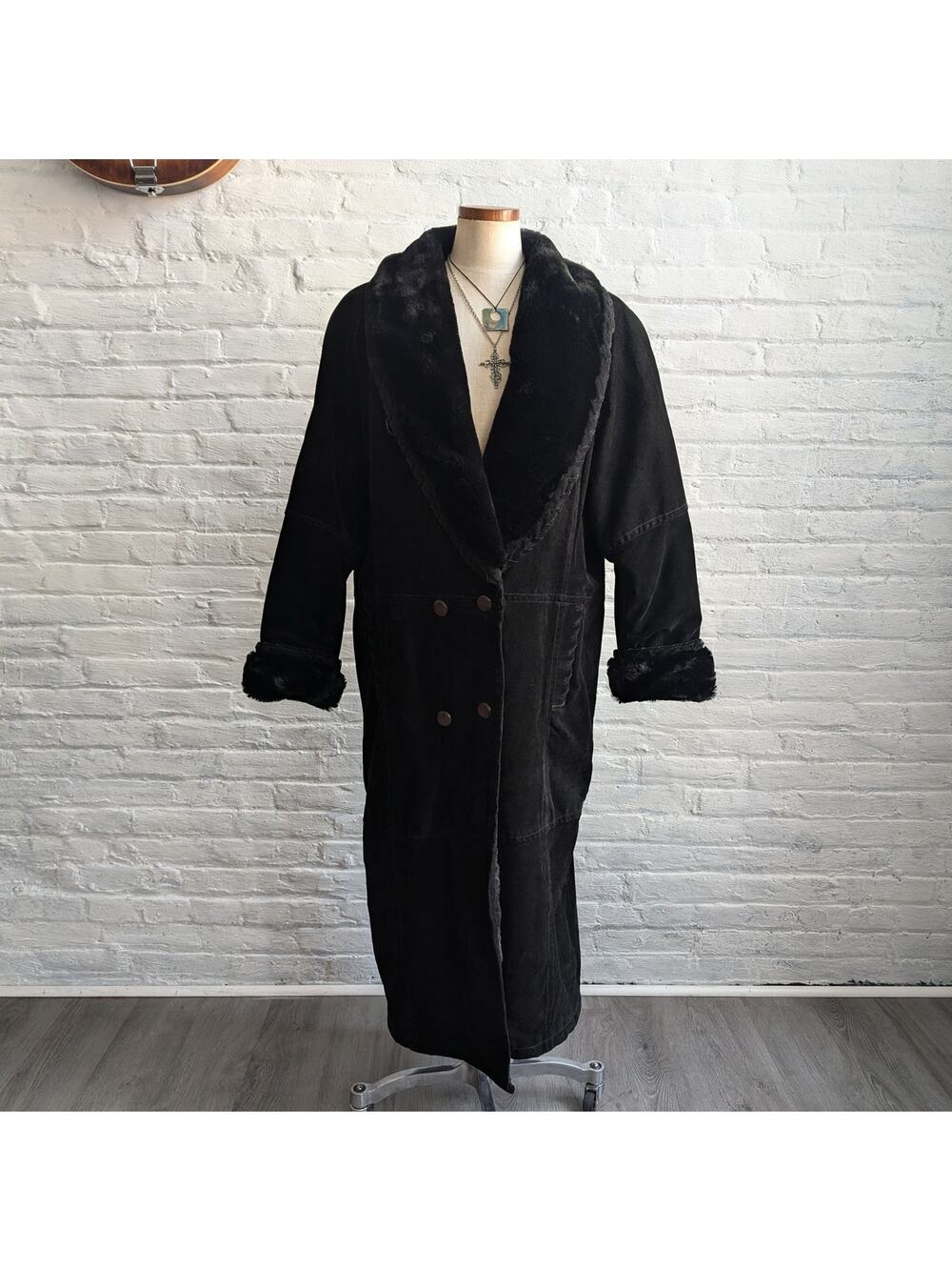 Vintage Black Suede Trench Coat Faux Fur Coat Minimalist Leather Jacket Large